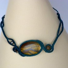 Duck blue micro-macramé necklace with a natural stone, the eye of tiger